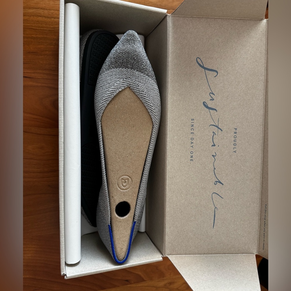 Rothy’s Platinum Metallic New, size 8, original shoe form and box included.